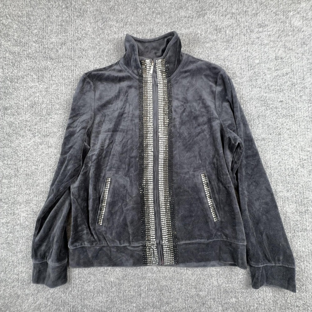 Kaktus Jacket Womens Large Gray Velour Full Zip Rhinestone Trim Pockets Collared
